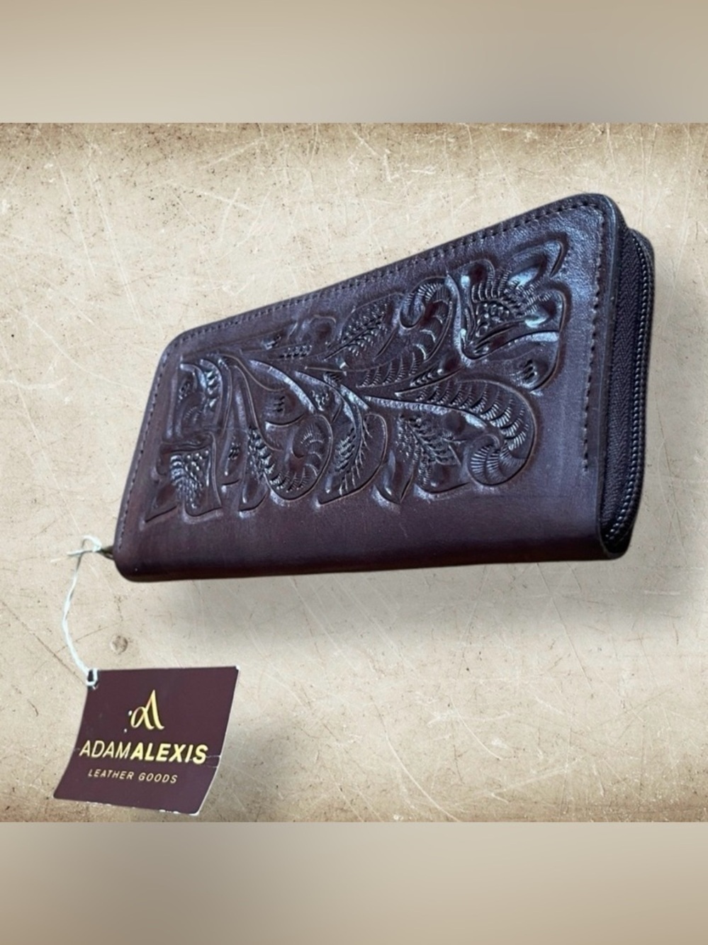ADAMAlexis NWT Hand Tooled Brown Leather Zip Around Wallet
